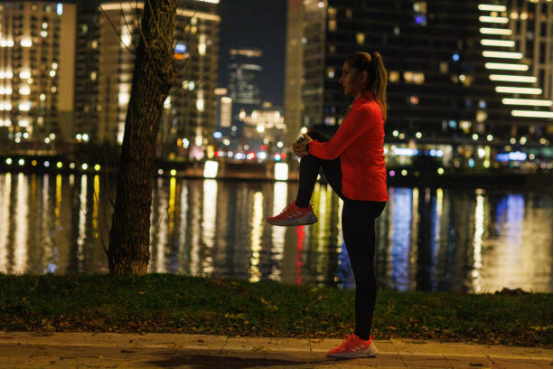 Close-up of reflective yoga pants for enhanced visibility during night runs.